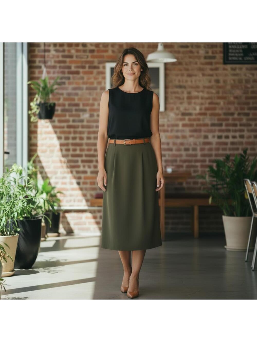 Vintage Dress Barn Olive Green Midi Skirt w/ Back Slit EUC Classic Workwear W 16
